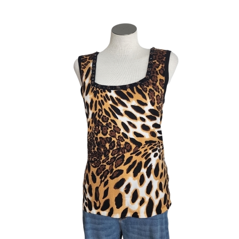 Fontana Cheeta Print Knit Gem Square Neck Sleeve Less Women's Tank Top Size XL